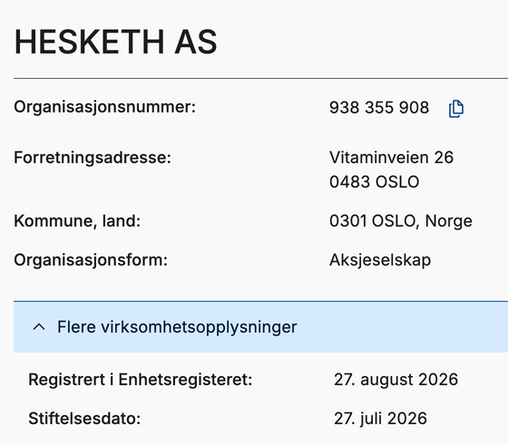 Cropped screenshot of the register entry for HESKETH AS